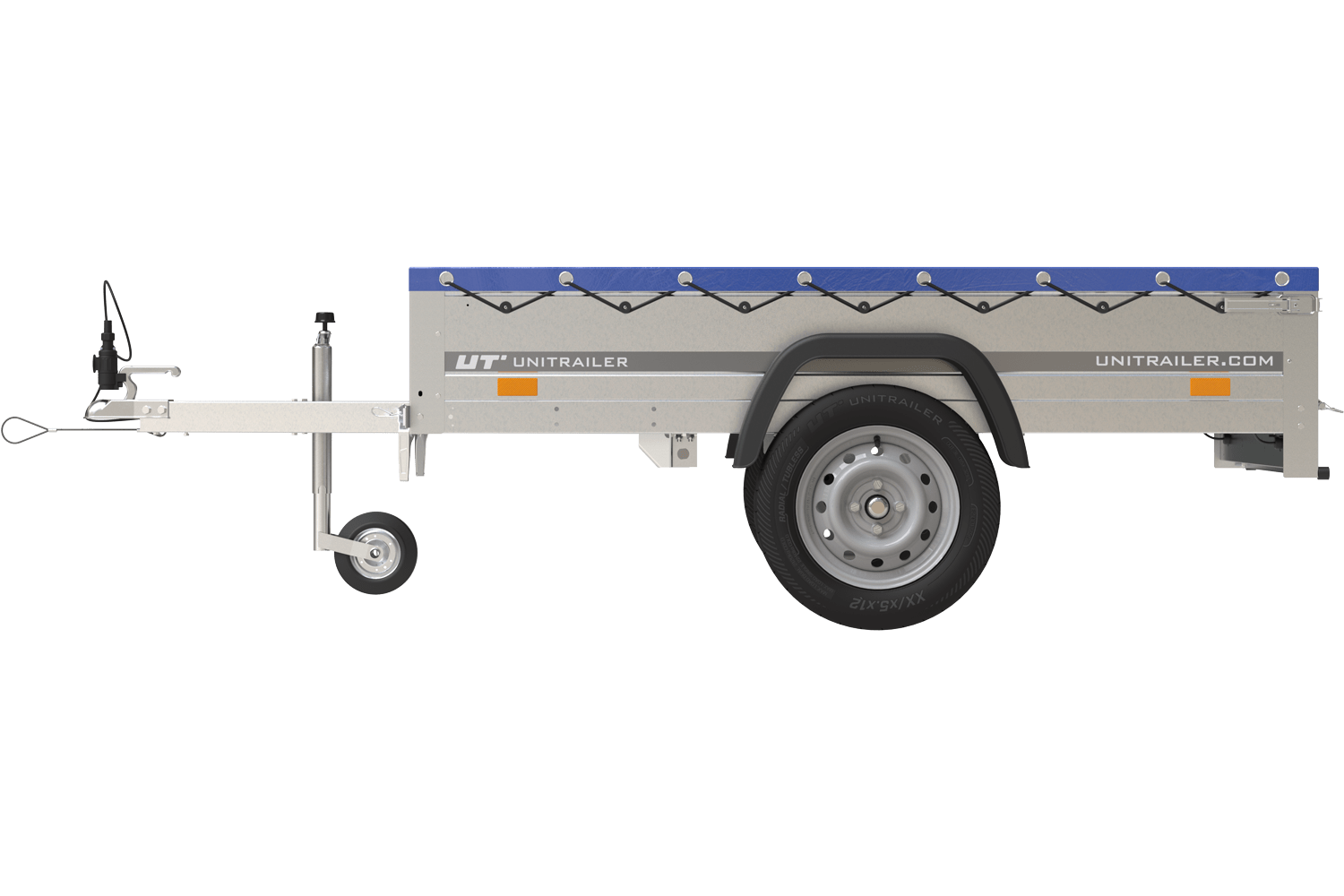 Garden Trailer 200 Kipp Einachsanhänger mit Stützrad und blauer Flachplane – Bild 5