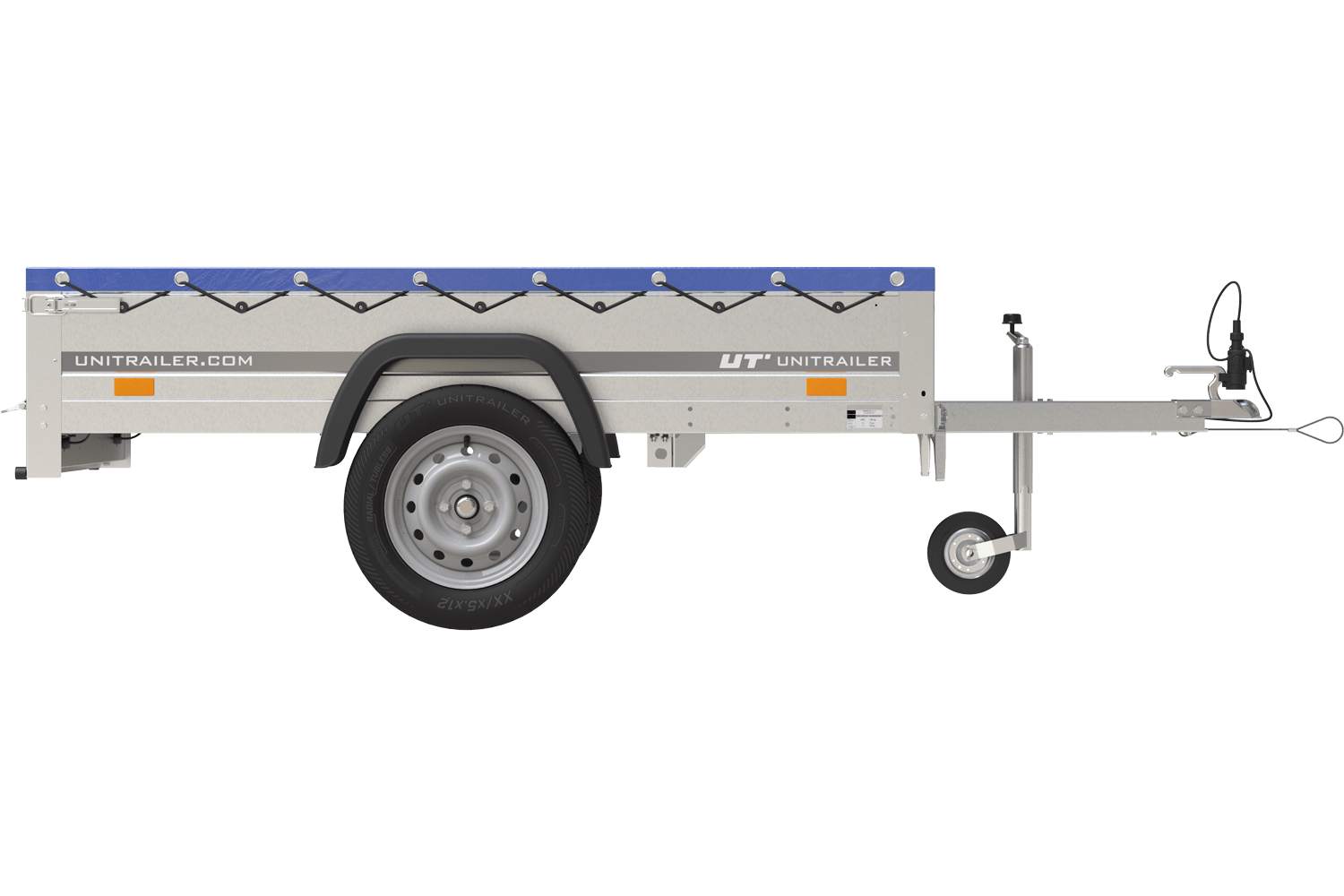 Garden Trailer 200 Kipp Einachsanhänger mit Stützrad und blauer Flachplane – Bild 3