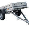 200×106 Gitteranhänger mit blauer Flachplane, Gitterwänden und Stützrad – Garden Trailer 200 KIPP